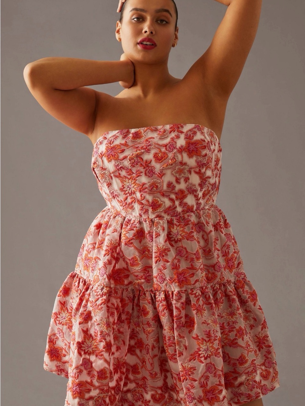Maeve Pink and Coral Jaquard Strapless Mini Dress